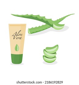 Set with medicinal houseplant aloe vera on a white background. Cosmetic cream. Flat style. Vector illustration