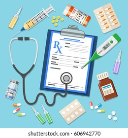 Set of medicinal icons in flat style. Prescription, thermometer, stethoscope, tablets and syringe. isolated vector illustration