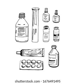 Set of medicinal packages drawn by hand. Vector 
illustration for your design. Blank pack tubes on white background