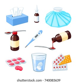 Set of medicinal remedy for sore throat, flu, influenza, cough: medicine syrup, ice bag, lozenges, pills, capsules, drugs. Vector illustration cartoon icon collection isolated on white.