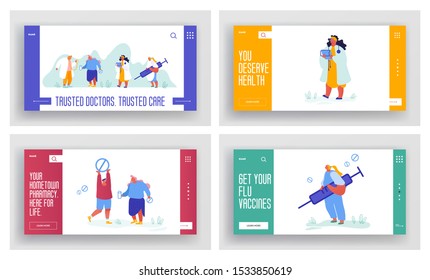 Set of Medicine Banners, Pharmacy Web Site Concept. Virus Flu Disease Web Page, Template of Health Insurance, Care Plan. Landing Page with Doctors, Online Consultation Clinic. Vector Illustration