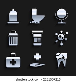 Set Medicine bottle, Cross hospital medical, Broken tooth, Virus, First aid kit, Trash can, Round makeup mirror and Condom icon. Vector