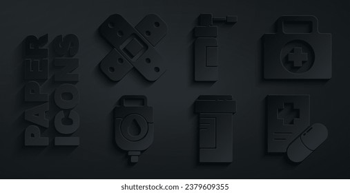 Set Medicine bottle, First aid kit, IV bag, Medical prescription, Bottle with nozzle spray and Crossed bandage plaster icon. Vector