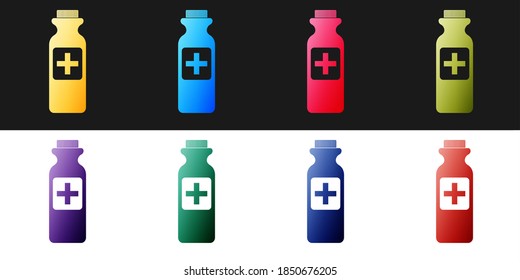 Set Medicine bottle icon isolated on black and white background. Bottle pill sign. Pharmacy design. Vector.