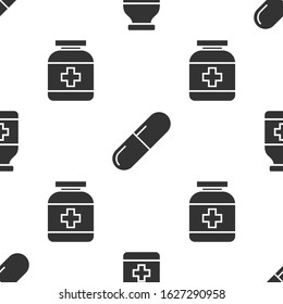 Set Medicine bottle, Medicine pill or tablet and Medicine bottle on seamless pattern. Vector