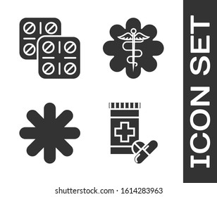 Set Medicine bottle and pills, Pills in blister pack, Cross hospital medical and Emergency star medical symbol Caduceus snake with stick icon. Vector