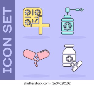 Set Medicine bottle and pills, Pills in blister pack, Medicine pill or tablet and Medical bottle with nozzle spray icon. Vector