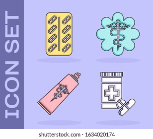 Set Medicine bottle and pills, Pills in blister pack, Ointment cream tube medicine and Emergency star medical symbol Caduceus snake with stick icon. Vector