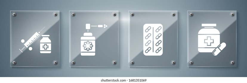 Set Medicine bottle and pills, Pills in blister pack, Medical bottle with nozzle spray and Medical syringe with needle and vial or ampoule. Square glass panels. Vector