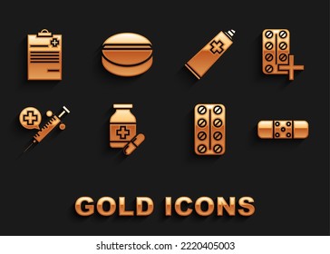 Set Medicine bottle and pills, Pills blister pack, Bandage plaster, Medical syringe with needle, Ointment cream tube medicine, clipboard clinical record and tablet icon. Vector
