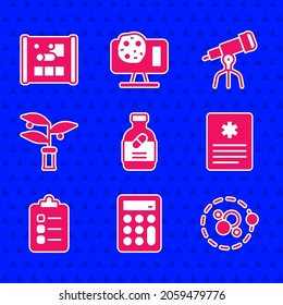 Set Medicine bottle and pills, Calculator, Atom, Patient record, To do list planning, Plant breeding, Telescope and Graphing paper for engineering icon. Vector