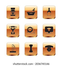 Set Medicine bottle and pills, Cat scratching post, Dog bone, Paw print, Pet award, Dustpan, nose and litter tray with shovel icon. Vector