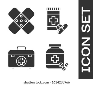 Set Medicine bottle and pills, Crossed bandage plaster, First aid kit and Medicine bottle and pills icon. Vector