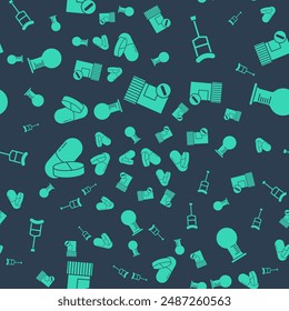 Set Medicine bottle and pills, Crutch or crutches, Medicine pill or tablet and Test tube and flask on seamless pattern. Vector