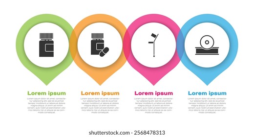 Set Medicine bottle, Medicine bottle and pills, Crutch or crutches and Otolaryngological head reflector. Business infographic template. Vector