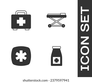 Set Medicine bottle and pills, First aid kit, Emergency - Star of Life and Stretcher icon. Vector