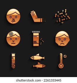 Set Medicine bottle and pills, Fish, Medical digital thermometer, Inflammation on face, Test tube flask, Man having headache, or tablet and Runny nose icon. Vector
