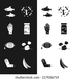 Set Medicine bottle and pills, Hand with psoriasis or eczema, Fish, Bacteria, Reddish eye allergic conjunctivitis, Dust, Kidney beans and Inhaler icon. Vector