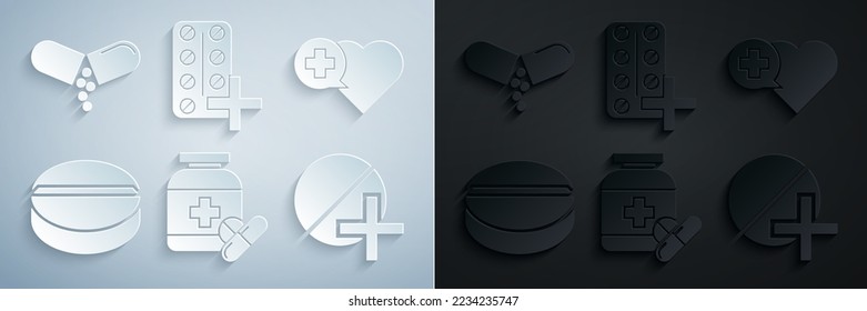 Set Medicine bottle and pills, Heart with cross, or tablet, Pills blister pack and  icon. Vector