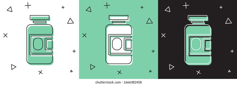 Set Medicine bottle and pills icon isolated on white and green, black background. Bottle pill sign. Pharmacy design.  Vector Illustration