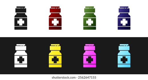 Set Medicine bottle and pills icon isolated on black and white background. Medical drug package for tablet, vitamin, antibiotic, aspirin.  Vector