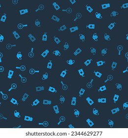 Set Medicine bottle and pills, Liquid antibacterial soap, Medical protective mask and Virus under magnifying glass on seamless pattern. Vector