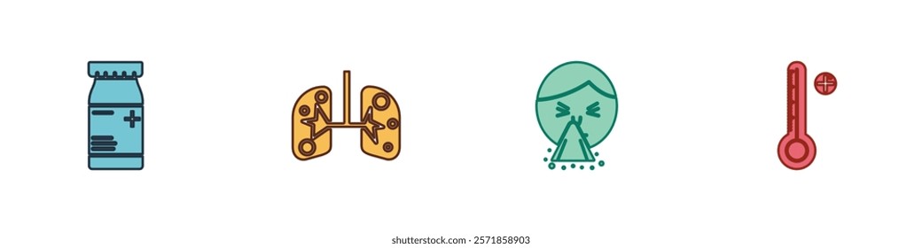 Set Medicine bottle and pills, Lungs, Handkerchief to his runny nose and Medical digital thermometer icon. Vector