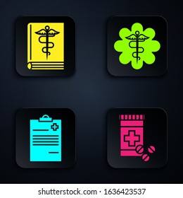 Set Medicine bottle and pills, Medical book, Medical clipboard with clinical record and Emergency star medical symbol Caduceus snake with stick. Black square button. Vector