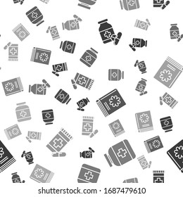 Set Medicine bottle and pills, Medicine bottle, Medical book and Medicine bottle and pills on seamless pattern. Vector