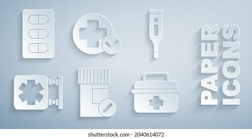 Set Medicine bottle and pills, Medical digital thermometer, symbol of Emergency, First aid kit, Cross hospital medical and Pills blister pack icon. Vector