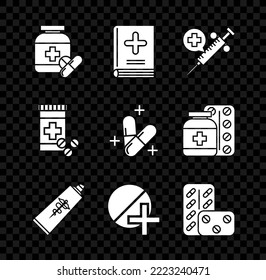 Set Medicine bottle and pills, Medical book, syringe with needle, Ointment cream tube medicine, or tablet, Pills blister pack,  and  icon. Vector