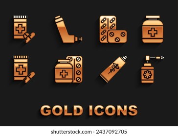 Set Medicine bottle and pills, Medical with nozzle spray, Ointment cream tube medicine, Pills blister pack,  and Inhaler icon. Vector
