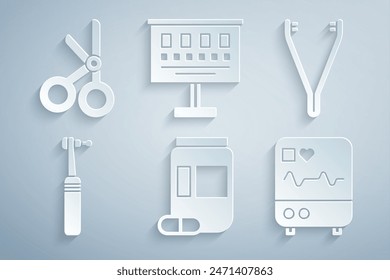 Set Medicine bottle and pills, Medical tweezers, Tooth drill, Monitor with cardiogram, Eye test chart and scissors icon. Vector