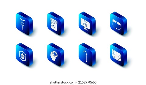 Set Medicine bottle and pills, Nursing home, Eyeglasses, Adult diaper, Walking stick cane, Male head with hospital, Grandmother and Crutch or crutches icon. Vector