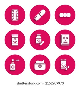Set Medicine bottle and pills, Ointment cream tube medicine, Medical book, with nozzle spray, Bandage plaster and Pills blister pack icon. Vector