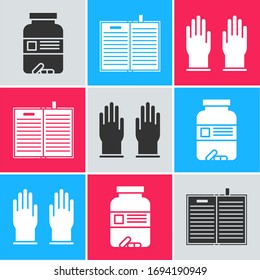 Set Medicine bottle and pills, Open science book and Rubber gloves icon. Vector