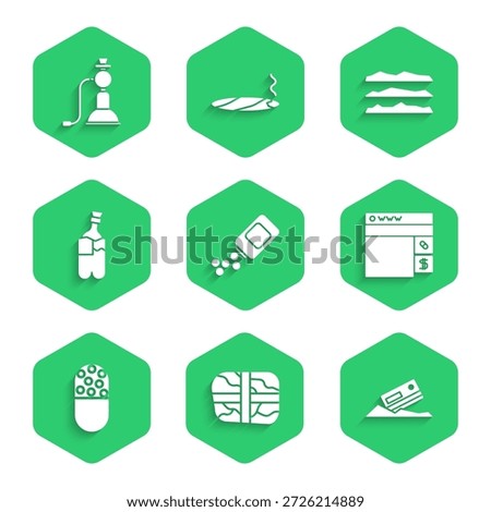 Set Medicine bottle and pills, Package with cocaine, Cocaine credit card, Buying drugs online, or tablet, Bong for smoking marijuana, heroin and Hookah icon. Vector
