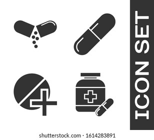 Set Medicine bottle and pills, Medicine pill or tablet, Medicine pill or tablet and Medicine pill or tablet icon. Vector