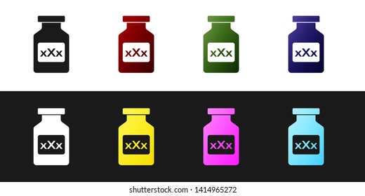 Set Medicine bottle with pills for potency, aphrodisiac icon isolated on black and white background. Sex pills for men and women.  Vector Illustration
