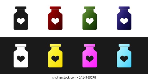Set Medicine bottle with pills for potency, aphrodisiac icon isolated on black and white background. Sex pills for men and women.  Vector Illustration
