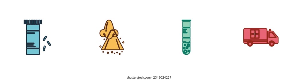 Set Medicine bottle and pills, Runny nose, Test tube flask and Emergency car icon. Vector