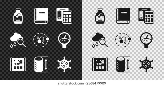 Set Medicine bottle and pills, Science book, Calculator, Graphing paper for engineering, Height geometrical figure, Virus, Cloud with rain and Atom icon. Vector