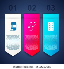 Set Medicine bottle and pills, Stethoscope and Pills blister pack. Business infographic template. Vector