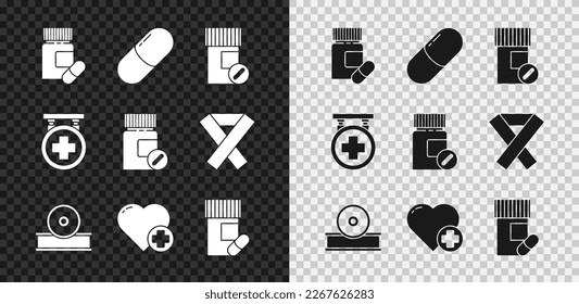 Set Medicine bottle and pills, or tablet, Otolaryngological head reflector, Heart with cross, Hospital signboard and  icon. Vector