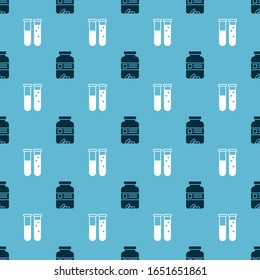 Set Medicine bottle and pills and Test tube and flask chemical laboratory on seamless pattern. Vector