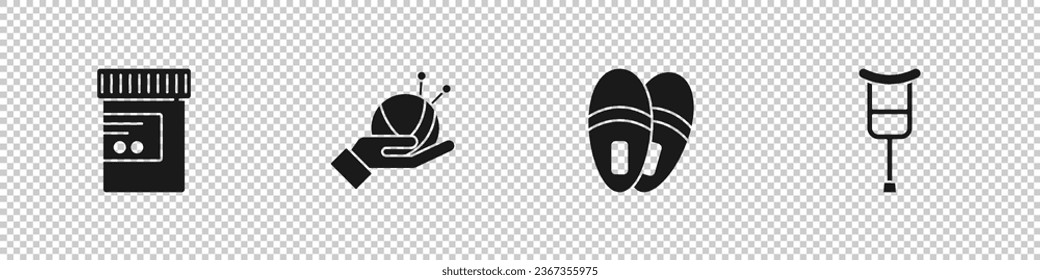 Set Medicine bottle and pills, Yarn ball with knitting needles, Slippers and Crutch or crutches icon. Vector