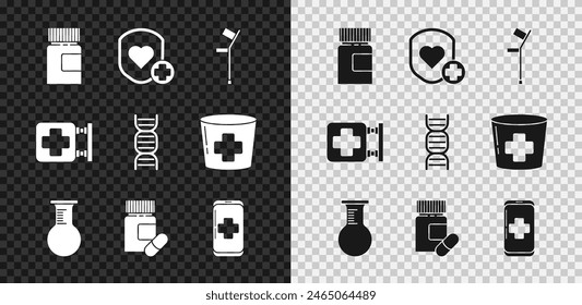Set Botella de Medicina, Escudo y ritmo cardíaco, Muleta o muletas, Matraz de tubo de ensayo, pastillas, Llamada de emergencia al hospital, Cartel del hospital e icono de símbolo de ADN. Vector