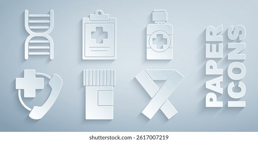 Set Medicine bottle, Bottle of medicine syrup, Emergency phone call to hospital, Awareness ribbon, Medical clipboard with clinical record and DNA symbol icon. Vector