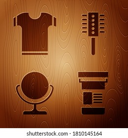 Set Medicine bottle, T-shirt, Round makeup mirror and Hairbrush on wooden background. Vector