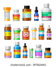 Set of medicine bottles with labels. Empty bottles for drugs,tablets,capsules,prescriptions,vitamins etc. Pharmaceutic containers isolated on white background. 